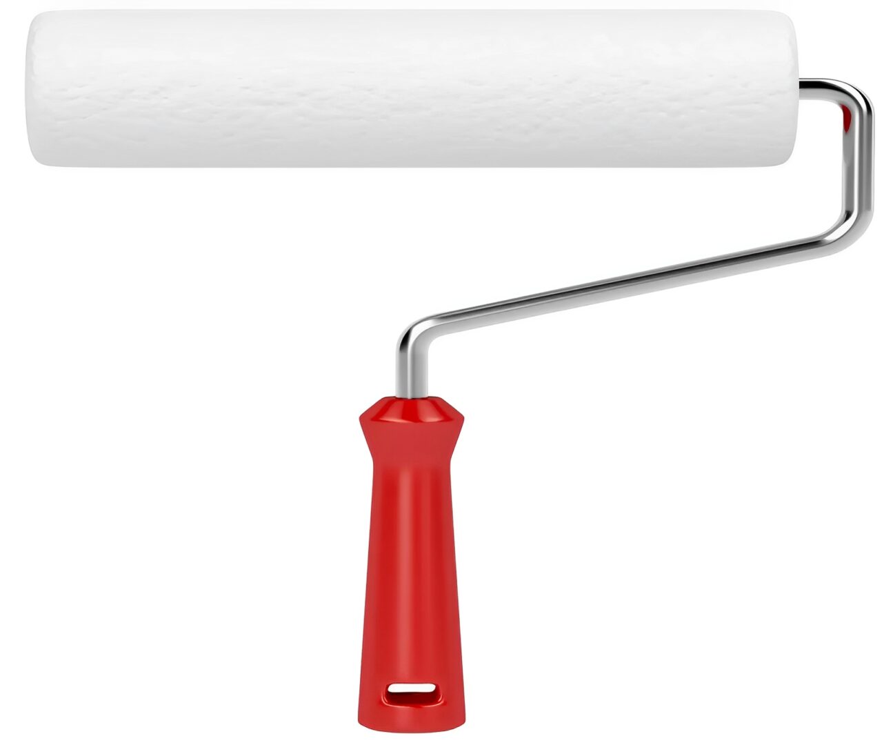 Paint roller with red handle.
