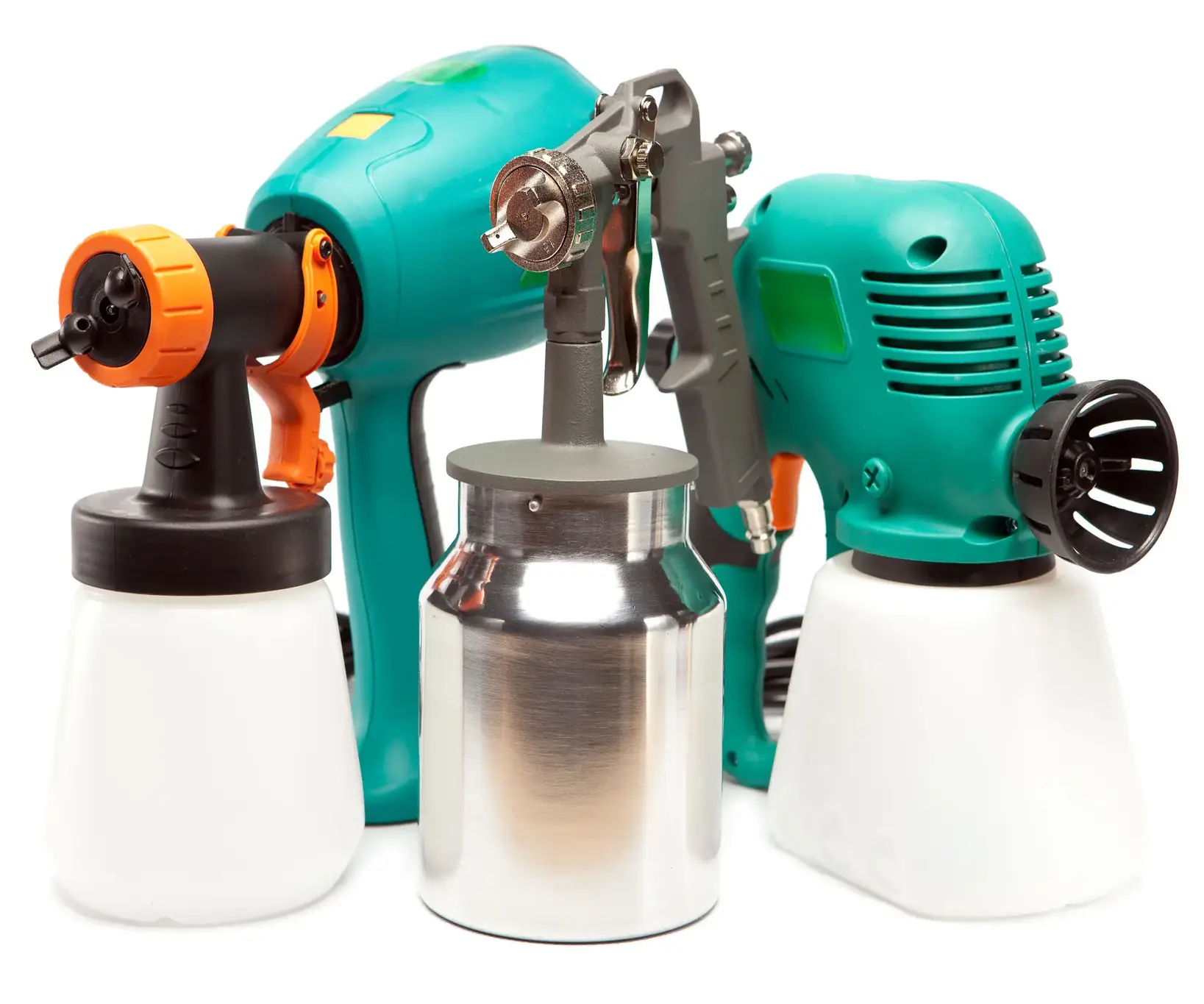 Three electric paint sprayers on display.