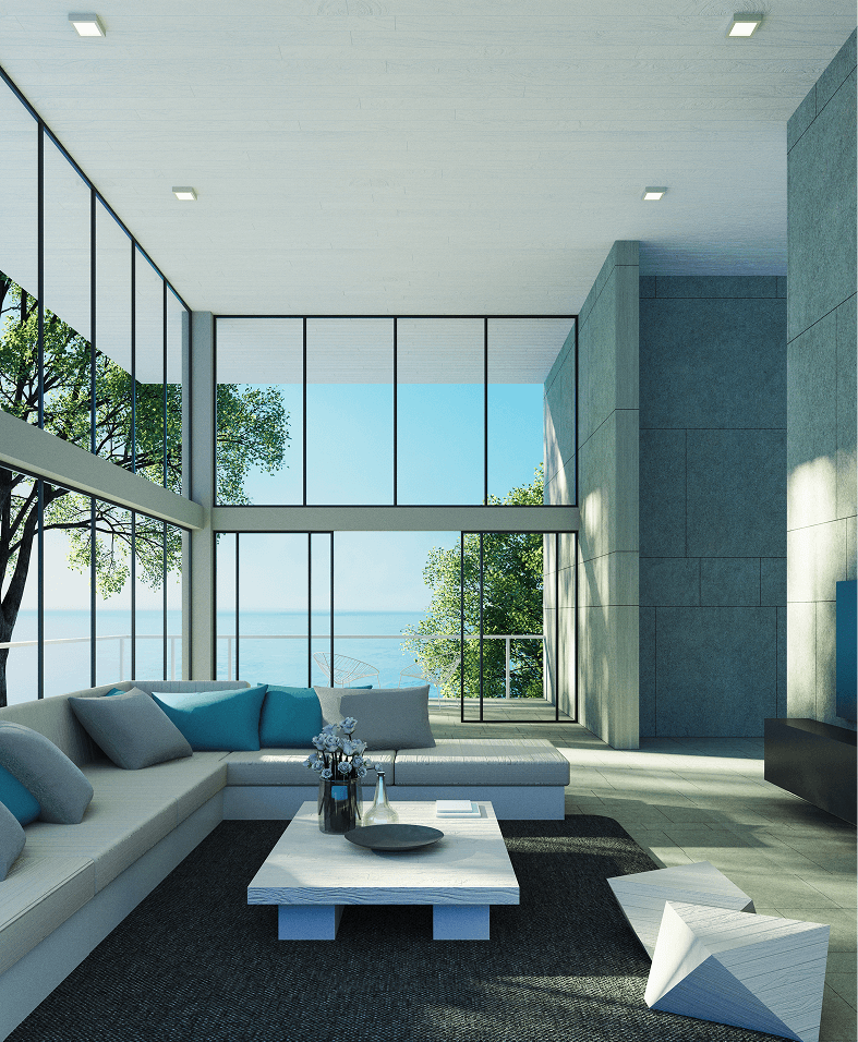 Modern living room with large glass windows.