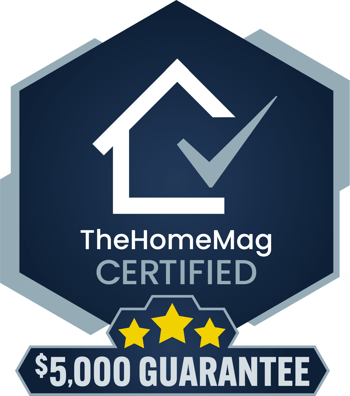 TheHomeMag Certified badge with $5,000 guarantee and three stars.